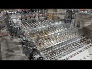 Cookies line. Buffering, portioning and on-edge packing of cookies