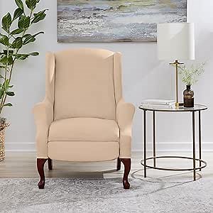 SureFit Ultimate Stretch Suede Wingback Chair Slipcover, Two-Piece Recliner Cover for Wingback Chair and Footrest, Elastic Bottom for A Snug Fit, Machine Washable, Cement Beige Recliner Chair Cover