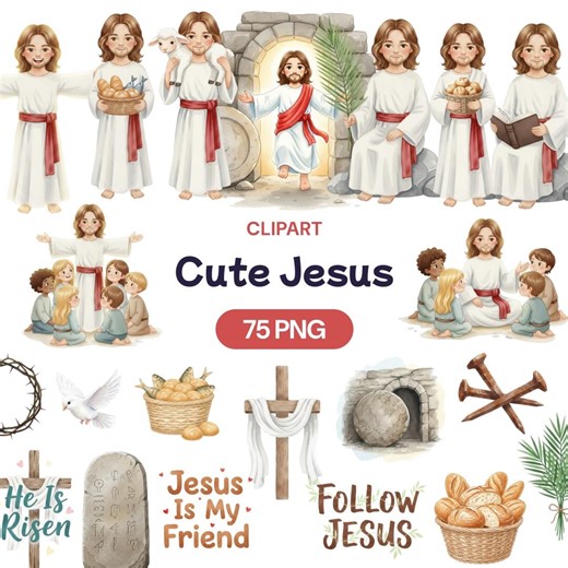 Cute Jesus Clipart, 75 Cartoon Christ PNG, Bible Story Art, Sunday School Kids, VBS Craft, Easter He is Risen, My Friend Jesus - Etsy