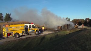 Part of wheel suspected to be cause of trailer, hay bale fire in Boone County