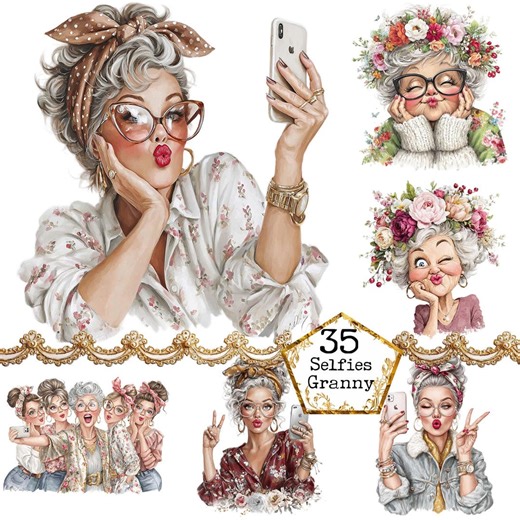 Older Lady Taking Selfies - Watercolor Clipart Bundle PNG   JPEG Paper Crafts Junk Journal Scrapbooking - Etsy