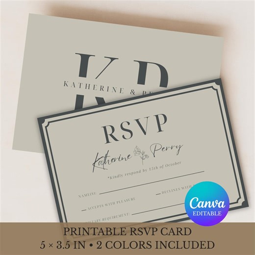 RSVP Card Template - the Kensington, Elegant Wedding, Editable Canva Reply, Classic Modern Stationery, Digital Download, DIY - Etsy