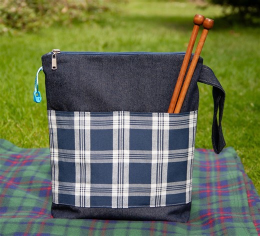 Denim Knitting Project Bag: Handmade Blue Plaid Yarn Tote With Pockets - Etsy