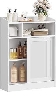 Slim Bathroom Storage Cabinet, Bathroom Floor Cabinet, Storage Organizer with Toilet Paper Holder, Sliding Doors and Adjustable Shelf, for Small Spaces, Bathroom, Living Room, Kitchen, White