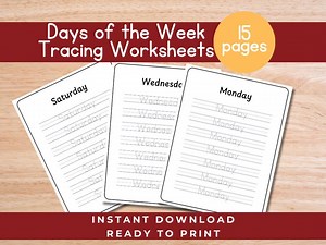 Days of the Week Tracing Worksheets Tracing Printable for Pre-k & Kindergarten ABC Tracing Homeschool Handwriting Practice - Etsy Canada