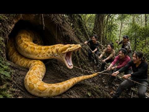A giant, aggressive 30-meter-long golden python was captured by a group of hunters in its cave.