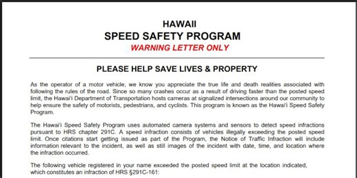 Warning letters from speed enforcement cameras going to Oahu vehicle owners