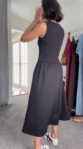 Nat styles the Aria Dress🤍 An effortless black midi made for everyday ease — worn on its own, layered with denim, and styled for wherever the day takes you. #DharmaBums #AriaDress #EverydayStyle #AustralianFashion