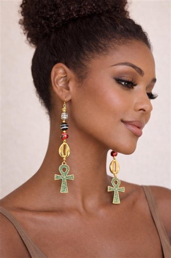 Patina Inspired Ankh Earrings, Cowrie Shell & Beaded Dangle Earrings, Symbol of Life Jewelry Khepera Adornments - Etsy