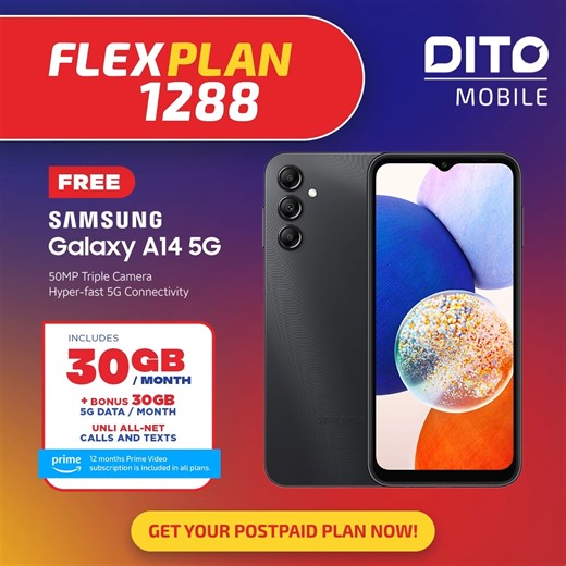 Affordable yet premium handsets are within your reach with our all-new DITO Mobile Postpaid FLEXPlans! 📱✨ Enjoy a FREE Samsung Galaxy smartphone, data, UNLI All-Net Calls and Texts, plus 12 months of Prime Video subscription for as low as P588/ month! Learn more at https://bit.ly/DITOFLEXPlansHandsets Now available in DITO Experience Stores. Get your plan now! NCR 📍 SM North EDSA, L4 New SM Annex Cyberzone 📍 Robinsons Galleria, L1 Digizone 📍 Greenhills Theatre Mall, PU 7&8 📍 SM Megamall, L4