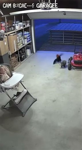 Rooster Defends Baby from Garage Intruder