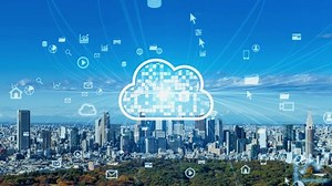 Modern city and cloud computing concept. Smart city. Communication network. System integration.