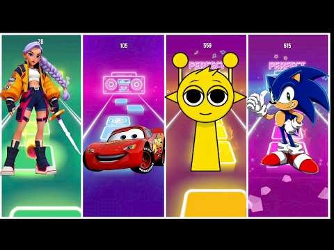 K-Pop Demon Hunters vs Lightning McQueen vs Sprunki vs Sonic | Tiles Hop EDM Rush Battle #14