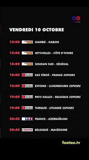 foot à la TV aujourd'hui vendredi 10 octobre. Programme TV foot ce soir #foot #TV #ProgrammeTV