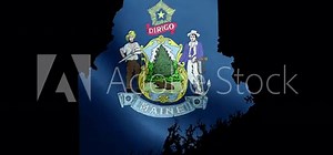 4K waving detailed textured flag of Maine animation on the map. Loop alpha channel seamless Mainer flag on territory. Outline geographic state border of Maine stock video.