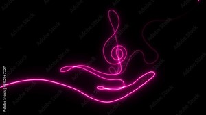 Hand hold treble clef. Line art. Musical note. Continuous one line drawing. Isolated on black. Hand drawn. Artistic creative. Minimalist outline. Music love. Neon treble clef. Musical symbol. Music.