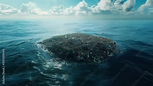 An aerial view of an island full of plastic, also known as the Great Pacific Garbage Patch or the Pacific Trash Vortex, showing a concentration of plastic, metal, and organic garbage in the ocean. Stock Video