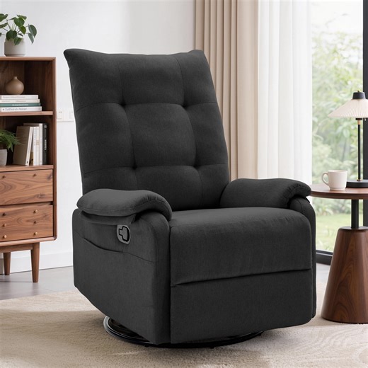 GEEYOO 360°Swivel Rocker Recliner Chair for Adults with Side Pockets,Small Recliner Chair for Small Spaces,Modern Swivel Glider Recliner for Living Room,Linen,Black