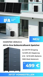 Gestern noch auf der IFA – heute schon bei uns bestellbar  Der brandneue Marstek VENUS A ist da: ⚡ 2,4 kW PV-Eingang & 4 MPPT ⚡ 1,2 kW AC-Kopplung & Backup ⚡ Modular erweiterbar bis 12,72 kWh ⚡ Plug & Play in nur 5 Minuten  Smarte Steuerung per App  Jetzt bestellen bei Jurasol24:  https://www.jurasol24.de/balkonkraftwerk-speicher-marstek-venus-a-2400w-1272kwh.html #Balkonkraftwerk #MarstekVenusA #Solarstrom #Energiespeicher #Jurasol24 | JuraSol Solartechnik | Facebook