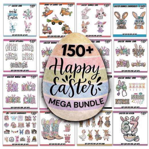 Easter Embroidery mega Bundle Bunny & Egg Designs, Easter Bunny Embroidery, Floral Easter Patterns Happy Easter Day Embroidery File, 9 Sizes