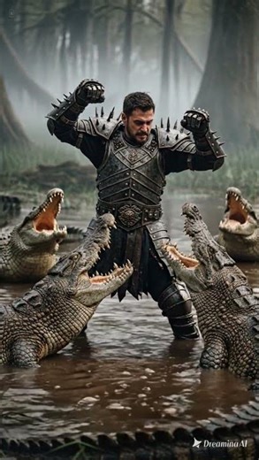 Crazy man with spike armor enters the pit of crocodiles