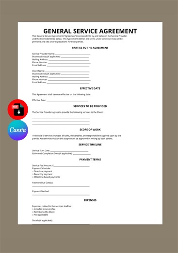 General Service Agreement Template | Editable Canva PDF (instant Download) - Etsy