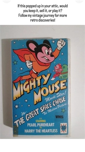 VintageValuables on Instagram: "Step into classic 1980s animation with this rare white-box VHS of Mighty Mouse in the Great Space Chase, featuring Pearl Pureheart and Harry the Heartless. Released by Merlin Video (M398D), this original motion-picture tape comes in excellent vintage condition — the box and tape shell are clean, bright, and perfect for collectors or display. The tape is sold as-is / untested, so playback can’t be guaranteed, but it’s still a brilliant piece of animation history an