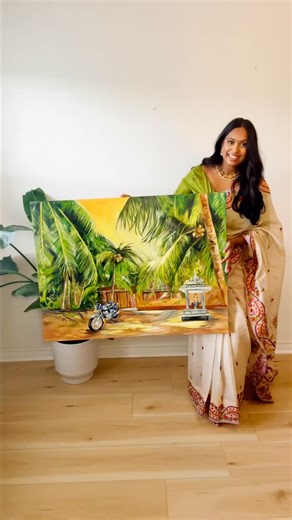 Thiviyaa Seha | Custom Artist & Wedding Painter on Instagram: "Wedding day custom painting from the Bride to her Appa(father) inspired by his Jaffna childhood home and all the stories of love and laughter! There are SO many details in this painting that I’ll need to share in another video but for now, I hope you can feel the beautiful love between @anittha_r and her father from this really special painting I had the honour of creating. Creating custom paintings as wedding gifts has always been s