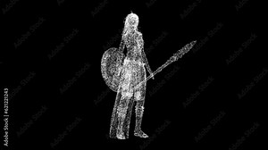 3D Amazon Warrior Woman rotates on black bg. Historic concept. A strong woman, a symbol of feminism. For title, text, presentation. Shimmering particles. 3D animation 60 FPS Stock Video