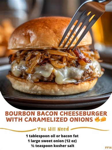 Bourbon  Bacon Cheeseburger with Caramelized Onions 燎 Grilled beef, smoky bacon, sharp cheddar, and bourbon-glazed onions on a toasted brioche bun. Epic! Ingredients (Makes 6 Burgers)  For Onions: 1 tbsp oil or bacon fat 1 large sweet onion (12 oz), julienned  | Easy Recipes | Facebook