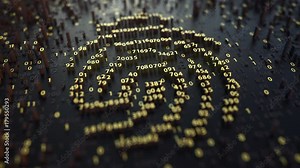 Fingerprint sign made of fluctuating golden numbers. Digital identity, electonic ID or personal data concepts