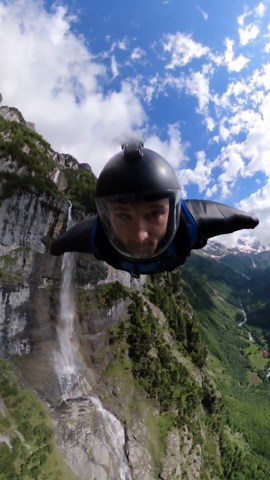 Flying past a waterfall