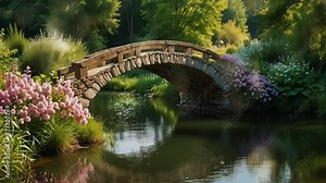 stone bridge over a clear river in the morning, seamless looping 4k video animation background
