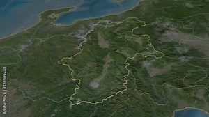 Nagano, prefecture with its capital, zoomed and extruded on the satellite map of Japan in the conformal Stereographic projection. Animation 3D