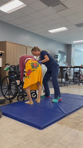 Our patient Bienvenida is working with her physical therapist, Lily, on floor transfer training — practicing how to safely get up from the floor after a fall. After a stroke, this essential skill helps restore independence, mobility and confidence. At Encompass Health North Tampa, every session is designed to help patients regain movement, rebuild trust in their bodies and navigate daily challenges with safety and assurance. | Encompass Health Rehabilitation Hospital of North Tampa