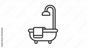 Bathroom linear animation set. Personal hygiene. Bath interior. Hotel room. Home toilet. Bathtub shower. Seamless loop HD video with alpha channel on transparent background. Animated outline icons