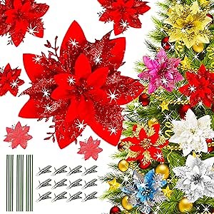 12pcs Red Poinsettia Artificial Flowers Poinsettia for Christmas Tree Glitter Flowers with Stems and Clips for Xmas Tree Ornaments Party Weddding Decor