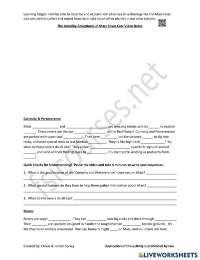 The Amazing Adventures of Mars Rover Cars Video Notes