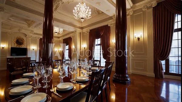 This video presents a luxurious dining room with a grand set table, sparkling chandeliers, tall windows, elegant columns, and rich drapes, creating a sophisticated and classic atmosphere.