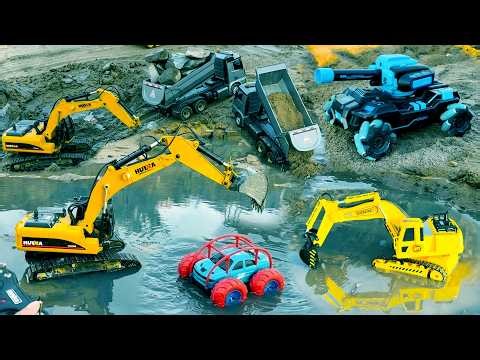 Tìm Xe Cẩu lội nước nhặt được Máy Xúc Điều Khiển Từ Xa và Xe Tải chở Đá với Ô Tô Đồ Chơi Múc Cát