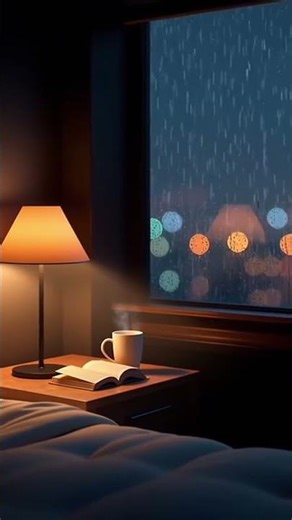 Cozy bedside lamp by a rainy window with a steaming mug 🌧️
