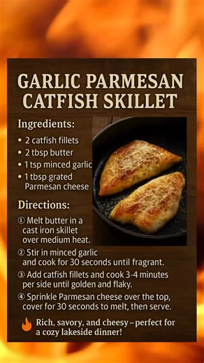 🔥 Garlic Parmesan Catfish Skillet Ingredients: • 2 catfish fillets • 2 tbsp butter • 1 tsp minced garlic • 1 tbsp grated Parmesan cheese Directions: 1️⃣ Melt butter in a cast iron skillet over medium heat. 2️⃣ Stir in minced garlic and cook for 30 seconds until fragrant. 3️⃣ Add catfish fillets and cook 3–4 minutes per side until golden and flaky. 4️⃣ Sprinkle Parmesan cheese over the top, cover for 30 seconds to melt, then serve. 🔥 Rich, savory, and cheesy — perfect for a cozy lakeside dinner