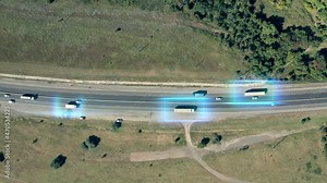 Autonomous Self Driving Trucks and Freight Logistic Transportation concept. Aerial top view commercial vehicles moving on highway with GPS and AI control tracking system.