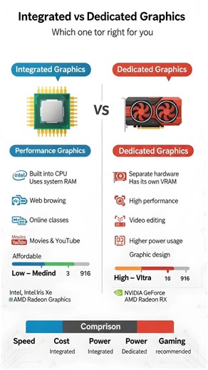 BD Tech Tips on Instagram: "🖥️ Integrated vs Dedicated Graphics ⚙️ Integrated: CPU-built | 💾 Shared RAM | 🔋 Low power | 📄 Daily tasks 🎮 Dedicated: Separate GPU | 🧠 Own VRAM | ⚡ High performance | 🎬 Gaming & editing #techtips #computertips #pchacks #PCBuild #PCBasics"