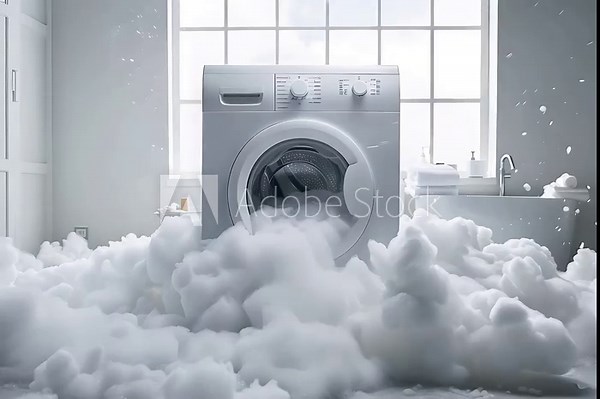 A washing machine is seen surrounded by foam in a bathroom. The machine is running, causing suds to overflow and create a soapy mess