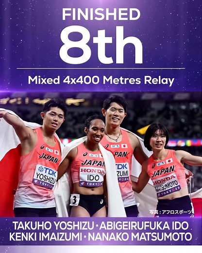 日本陸上競技連盟（JAAF） on Instagram: "✨✨✨✨✨✨✨ 【#東京2025世界陸上】 混合4×400mリレー決勝 ✨✨✨✨✨✨✨ 8位 🇯🇵日本 3分17秒53 #吉津拓歩（ミキハウス） #井戸アビゲイル風果（東邦銀行） #今泉堅貴（内田洋行AC） #松本奈菜子（東邦銀行） おめでとうございます🎉🎉 🔗特設サイトはこちら https://www.jaaf.or.jp/wch/tokyo2025/ ／ 声援と共に #まだ見ぬステージへ ＼ #JAAF #陸上 #世界陸上 #WCHTokyo25"