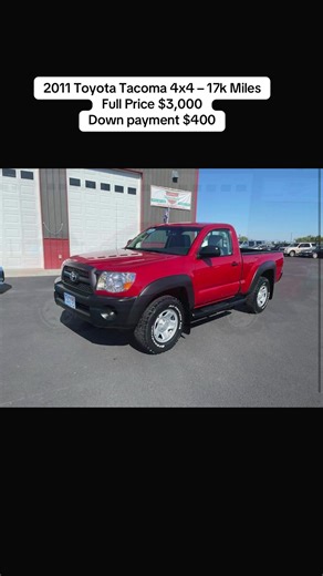For Sale: 2011 Toyota Tacoma 4x4 – 17k Miles A true survivor — this 2011 Tacoma Regular Cab 4x4 has just 17,606 original miles. Powered by the 2.7L 4-cylinder with an automatic transmission, it remains completely original, unmodified, and rust-free. This truck has been family-owned from new and is offered with a clean title. Finished in red with a simple two-seat cab and 6-foot bed, it’s the kind of low-mile, no-nonsense Tacoma that rarely surfaces. Full price $3,000 Down payment $400 Financing 