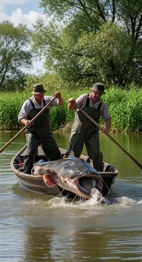 The fishermen were shocked by the catch. Mutant river catfish