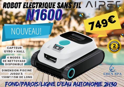 ✨NOUVEAUTÉ ROBOT SANS FIL AIPER N1600 𝐏𝐚𝐢𝐞𝐦𝐞𝐧𝐭 𝐞𝐧 𝟐𝐱, 𝟑𝐱 𝐨𝐮 𝟒𝐱 𝐬𝐚𝐧𝐬 𝐟𝐫𝐚𝐢𝐬. LIVRAISON 15€ SUR TOUTE L’ÎLE🚚. 🔹Le AIPER N1600 est un robot nettoyeur de piscine sans fil qui offre une polyvalence de nettoyage. Grâce à sa capacité à nettoyer le fond, les parois et la ligne d’eau, le AIPER N1600 vous permet de rendre votre piscine impeccable en appuyant simplement sur un bouton. ⇢ Vous pourrez sélectionner l’un des 4 modes de nettoyage disponibles : ÉCO, standard, fond uni