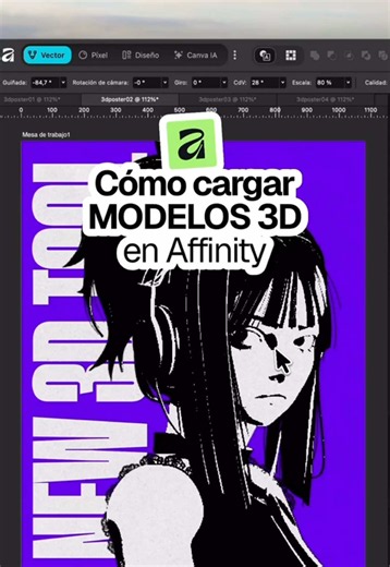 Cómo importar modelos 3D en Affinity 🟩 Affinity ya permite trabajar con modelos 3D directamente dentro de tus diseños, sin necesidad de renderizarlos previamente como una imagen. 1️⃣ Importa tu modelo Ve a Archivo → Colocar y selecciona un archivo 3D. Por ahora, Affinity admite modelos en formato GLB. También está prevista la compatibilidad con otros formatos como OBJ, FBX y más, aunque todavía no se pueden importar directamente. 2️⃣ Ajusta el modelo en 3D Una vez colocado, puedes cambiar su or